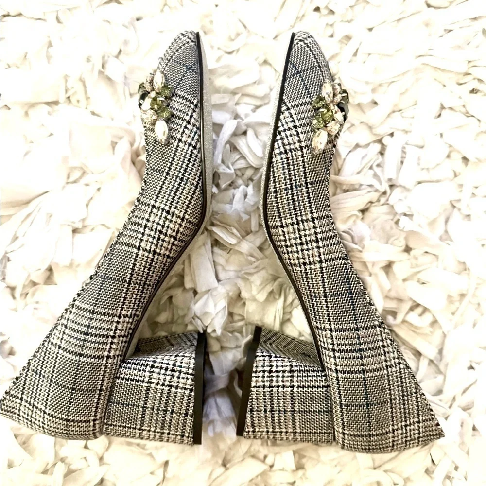 New J. CREW Embellished Jewel Plaid Houndstooth Print  block heel